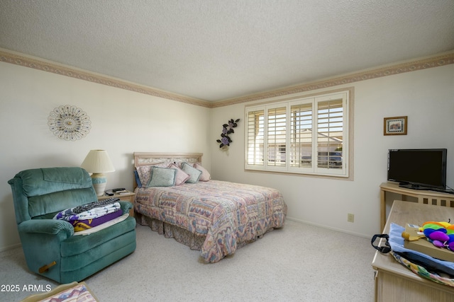 bedroom featuring carpet floors, crown molding, and a textured ceiling