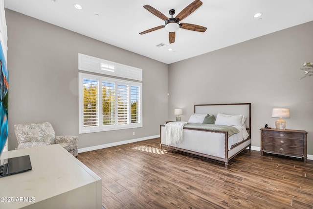 37308 N 100th Pl, Scottsdale, AZ 85262 - bedroom featuring recessed lighting, ceiling fan, visible vents, baseboards, and wood finished floors
