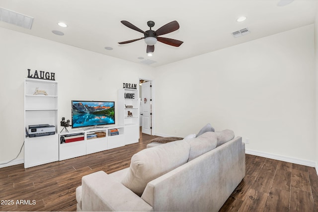 37308 N 100th Pl, Scottsdale, AZ 85262 - living room featuring visible vents, ceiling fan, and dark wood finished floors
