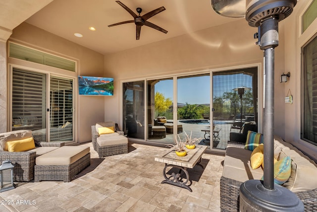 37308 N 100th Pl, Scottsdale, AZ 85262 - view of patio / terrace featuring ceiling fan, an outdoor hangout area, and a jacuzzi
