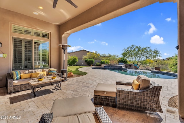 37308 N 100th Pl, Scottsdale, AZ 85262 - view of patio featuring a ceiling fan, outdoor lounge area, and a fenced in pool