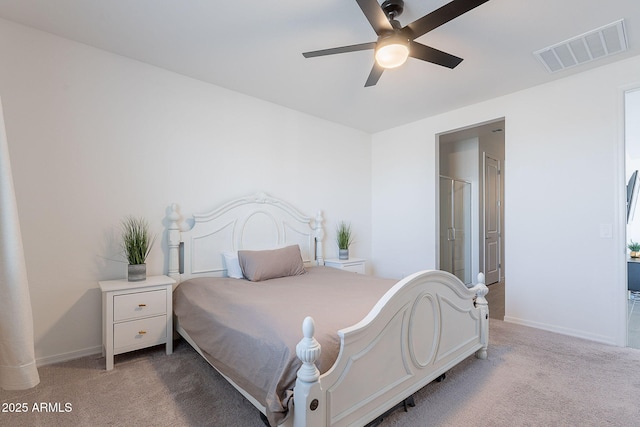 6117 S Adelle, Mesa, AZ 85212 - bedroom with baseboards, light carpet, a ceiling fan, and visible vents