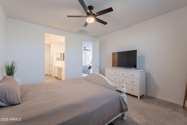 6117 S Adelle, Mesa, AZ 85212 - bedroom with visible vents, baseboards, light colored carpet, a ceiling fan, and ensuite bath