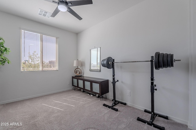 6117 S Adelle, Mesa, AZ 85212 - workout room with visible vents, a ceiling fan, carpet, and baseboards