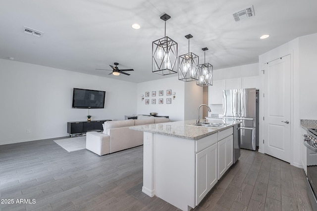 6117 S Adelle, Mesa, AZ 85212 - kitchen with appliances with stainless steel finishes, a sink, ceiling fan with notable chandelier, wood finished floors, and visible vents