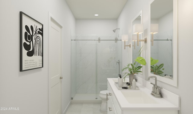 bathroom featuring an enclosed shower, vanity, and toilet