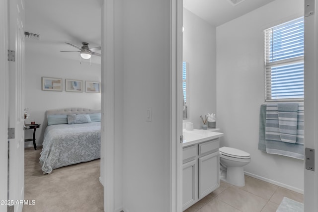 bathroom featuring tile patterned floors, vanity, ceiling fan, and toilet