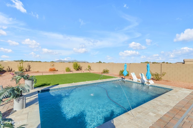 view of pool with pool water feature, a yard, and a patio