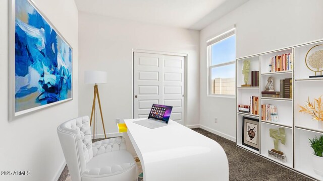 office featuring baseboards and dark colored carpet