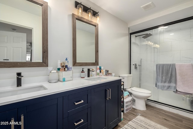 bathroom with wood finished floors, a shower stall, toilet, and a sink