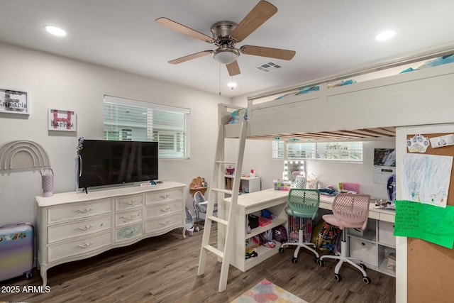 bedroom with visible vents, recessed lighting, ceiling fan, and wood finished floors