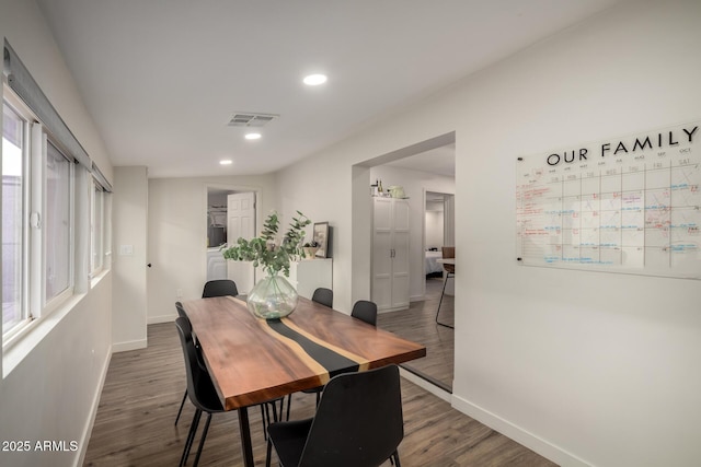 dining space featuring recessed lighting, visible vents, baseboards, and wood finished floors