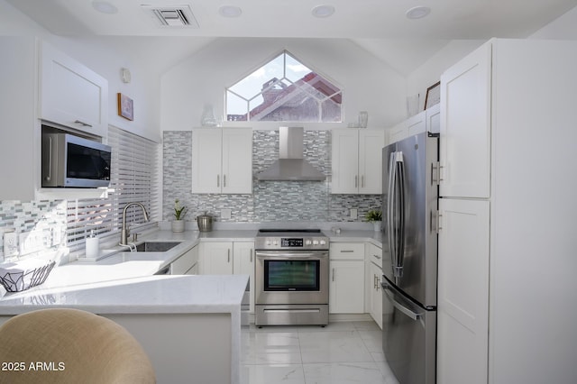 kitchen featuring appliances with stainless steel finishes, white cabinetry, sink, decorative backsplash, and wall chimney exhaust hood