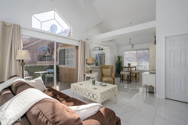 living room with high vaulted ceiling