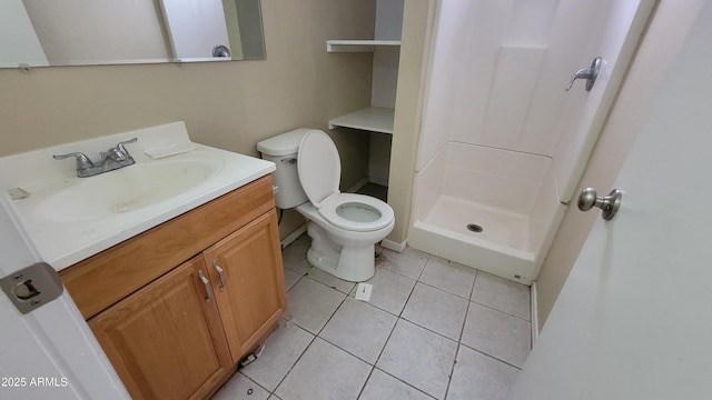 bathroom with tile patterned floors, vanity, toilet, and a shower