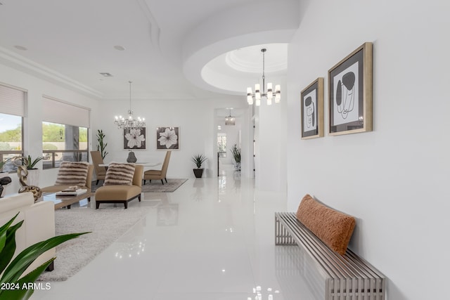 hallway featuring a chandelier and tile patterned flooring