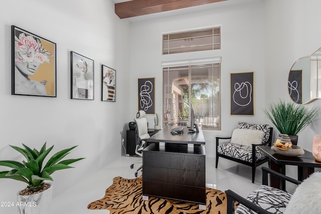 tiled home office with beam ceiling