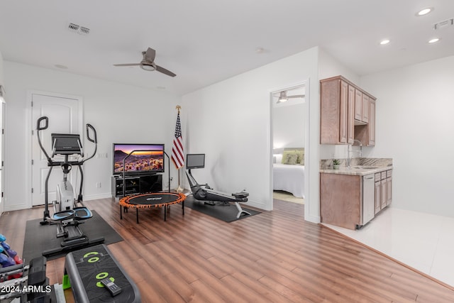 workout area with wood-type flooring, ceiling fan, and sink