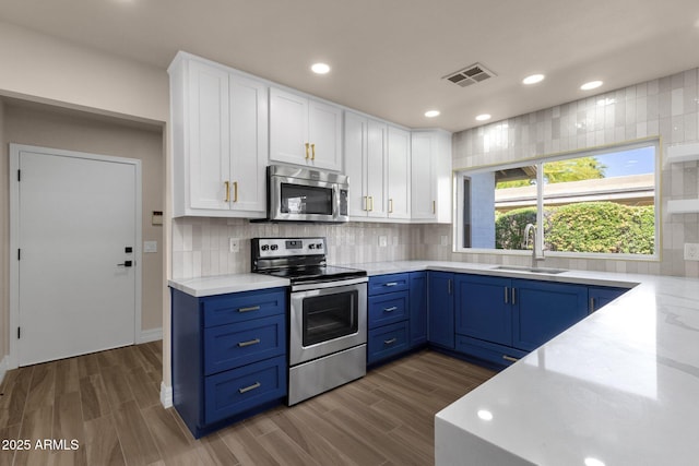 4913 E Acoma Dr, Scottsdale, AZ 85254 - kitchen featuring stainless steel appliances, a sink, blue cabinetry, white cabinets, and recessed lighting