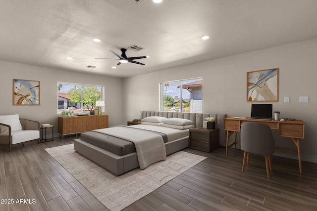 4913 E Acoma Dr, Scottsdale, AZ 85254 - bedroom featuring dark wood-type flooring, multiple windows, recessed lighting, and an office area
