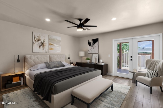 4913 E Acoma Dr, Scottsdale, AZ 85254 - bedroom featuring access to exterior, light wood-type flooring, recessed lighting, baseboards, and a ceiling fan