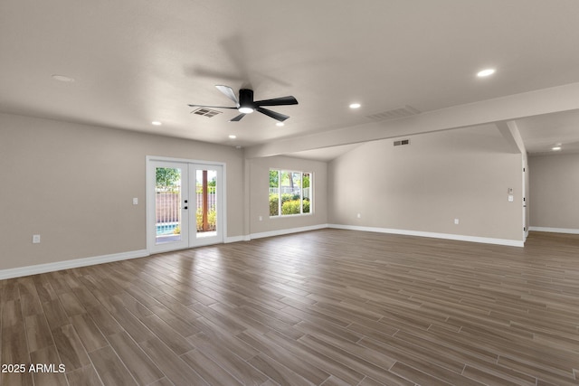 4913 E Acoma Dr, Scottsdale, AZ 85254 - unfurnished living room featuring a ceiling fan, recessed lighting, dark wood-style floors, baseboards, and french doors