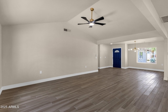 4913 E Acoma Dr, Scottsdale, AZ 85254 - unfurnished living room featuring a chandelier, baseboards, dark wood-style floors, ceiling fan, and vaulted ceiling