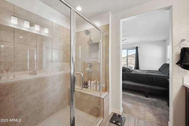 bathroom featuring vanity and walk in shower