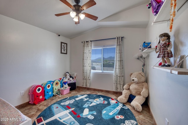3298 W Monte Vista Trl, Benson, AZ 85602 - game room featuring ceiling fan, lofted ceiling, and baseboards