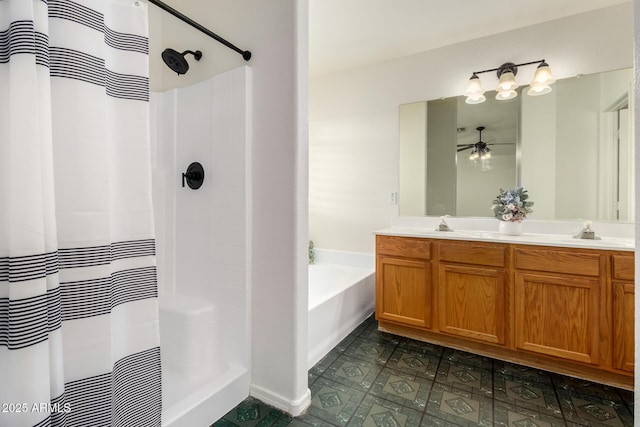16118 W Morning Glory St, Goodyear, AZ 85338 - bathroom with double vanity, a shower with shower curtain, a ceiling fan, and a bath
