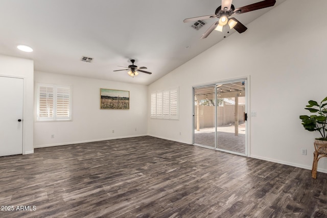 16118 W Morning Glory St, Goodyear, AZ 85338 - unfurnished room with a ceiling fan, dark wood-style floors, and high vaulted ceiling