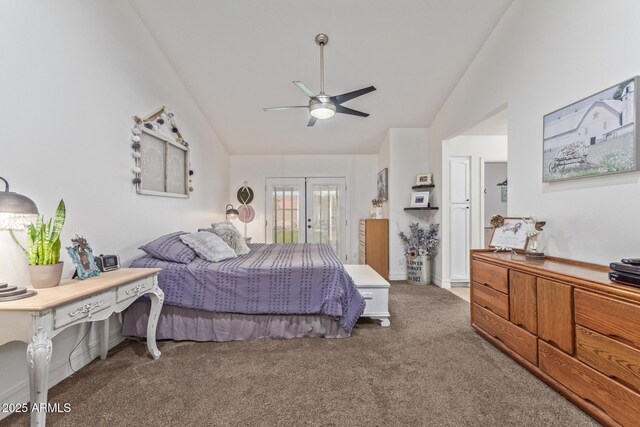 bedroom featuring french doors, access to outside, a ceiling fan, carpet floors, and vaulted ceiling