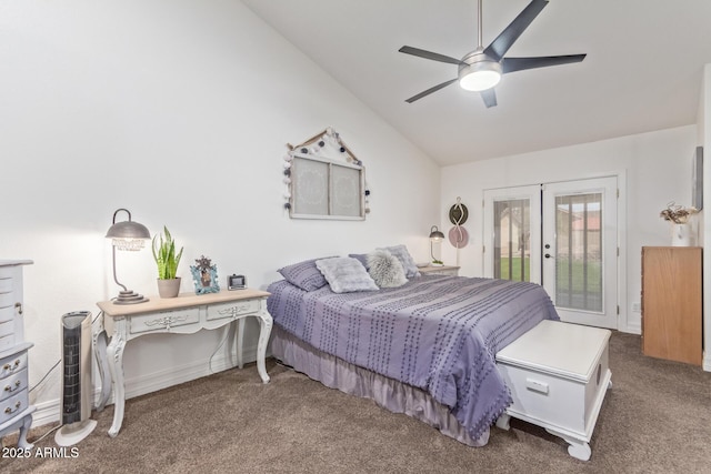 carpeted bedroom with french doors, a ceiling fan, access to exterior, and vaulted ceiling