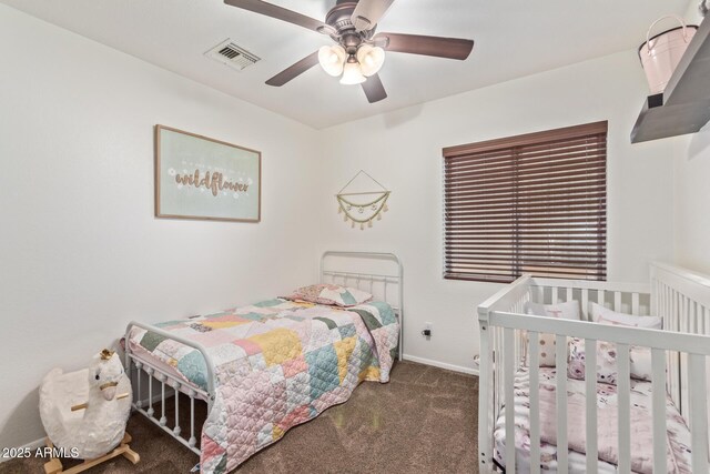 bedroom featuring baseboards, visible vents, ceiling fan, and carpet flooring