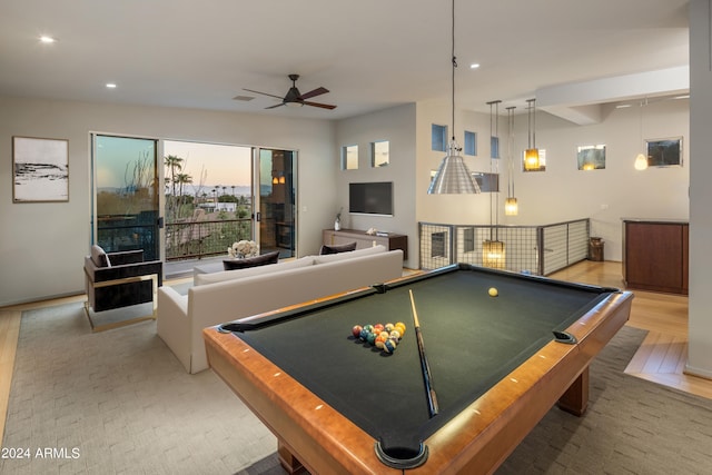 rec room with wood-type flooring, ceiling fan, and pool table