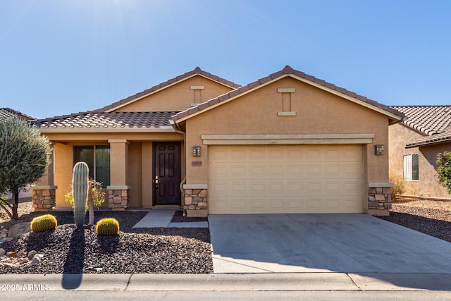 single story home with stone siding, a tiled roof, and stucco siding