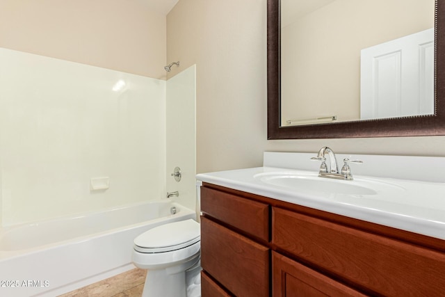 full bathroom with  shower combination, tile patterned flooring, toilet, and vanity