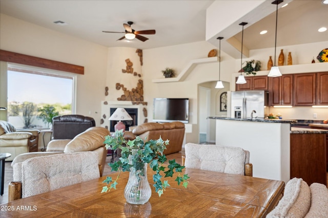 dining area featuring recessed lighting and a ceiling fan