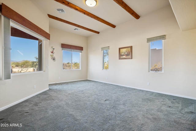 empty room with beam ceiling, visible vents, baseboards, and dark colored carpet