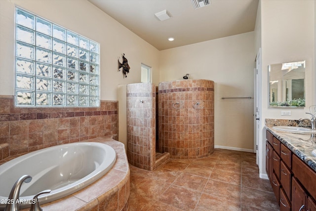 full bath featuring visible vents, tile patterned flooring, walk in shower, a bath, and vanity