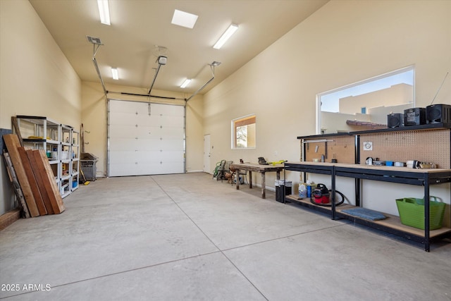 garage with a workshop area