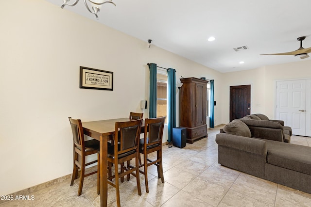 dining area with a ceiling fan, recessed lighting, and light tile patterned floors