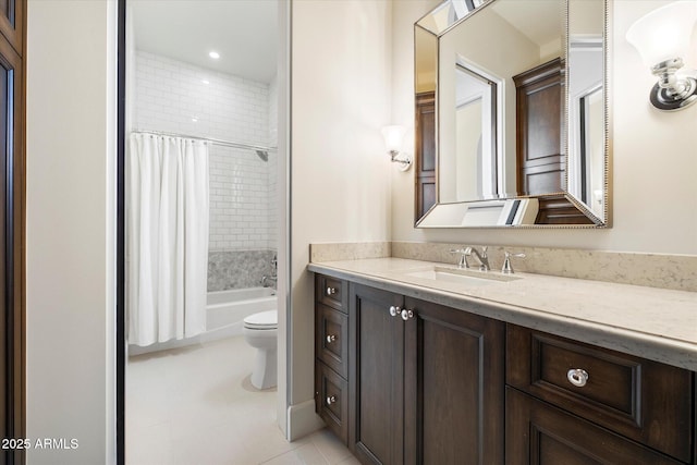 bathroom with shower / tub combo, tile patterned flooring, vanity, and toilet