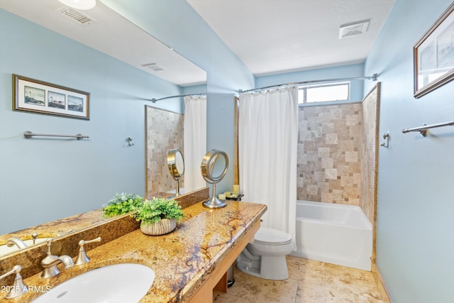 full bath with visible vents, toilet, and shower / bath combination with curtain