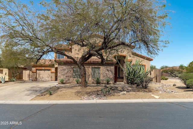 view of front facade featuring stucco siding, concrete driveway, a garage, stone siding, and a tiled roof