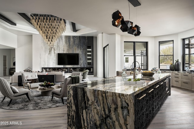 kitchen featuring light wood-style floors, a sink, a kitchen island with sink, and light stone countertops