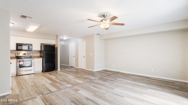 kitchen with ceiling fan, white cabinets, light wood-type flooring, and black appliances