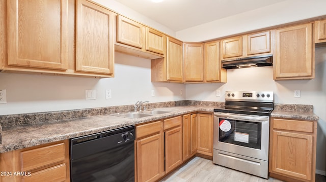 kitchen with light brown cabinetry, light hardwood / wood-style flooring, dishwasher, stainless steel electric range oven, and sink