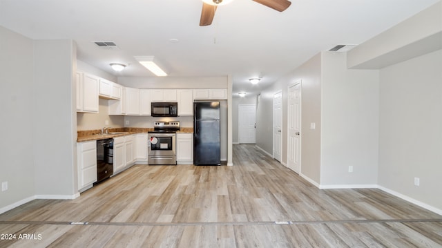 kitchen with white cabinetry, light wood-type flooring, black appliances, sink, and ceiling fan