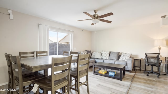 dining area with ceiling fan and light wood-type flooring